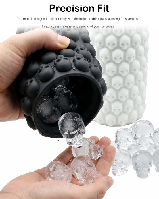 Skull Silicone Ice Cube Mold with Drink Glass,3D Skull Shape Ice Cubes, Ice Cylinder, Flexible Mold for Drinkers, Bartenders, Halloween Party, Ideal Gifts for Men (Black)