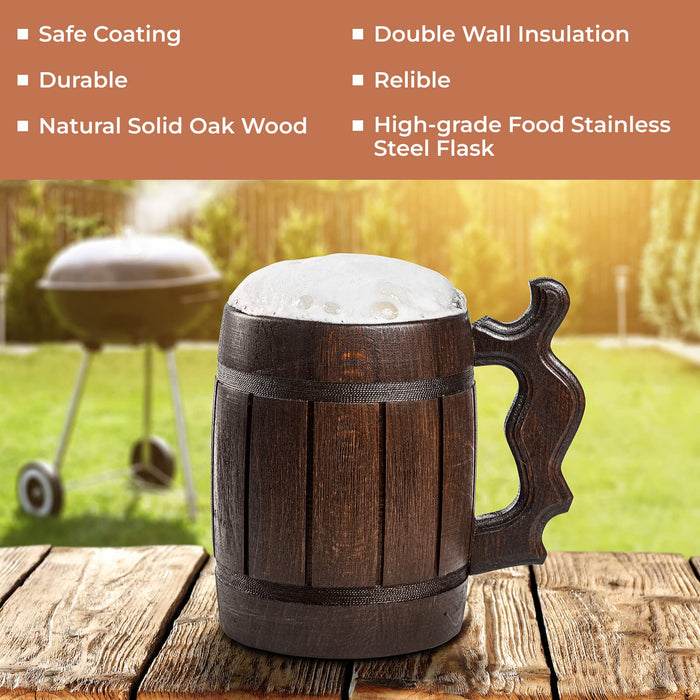 Handmade Wooden Rustic Beer Mug Real Oak Eco-friendly Wood Stainless Steel Cup 20 oz(600ml) Etno Motif Wood Viking Stein - Beer Tankard Irish Retro Halloween - Cowboys Beer Mug