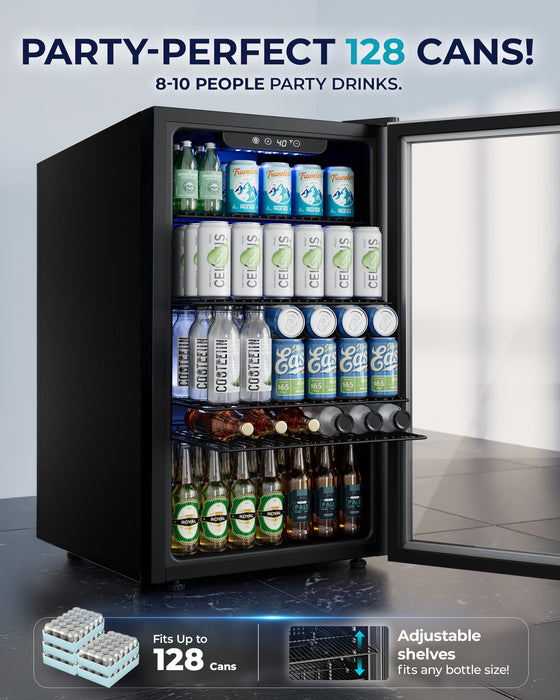 EUHOMY Beverage Refrigerator and Cooler, 128 Can Mini fridge with Glass Door, Small Refrigerator with Adjustable Shelves for Soda Beer or Wine, Perfect for Home/Bar/Office, Silver