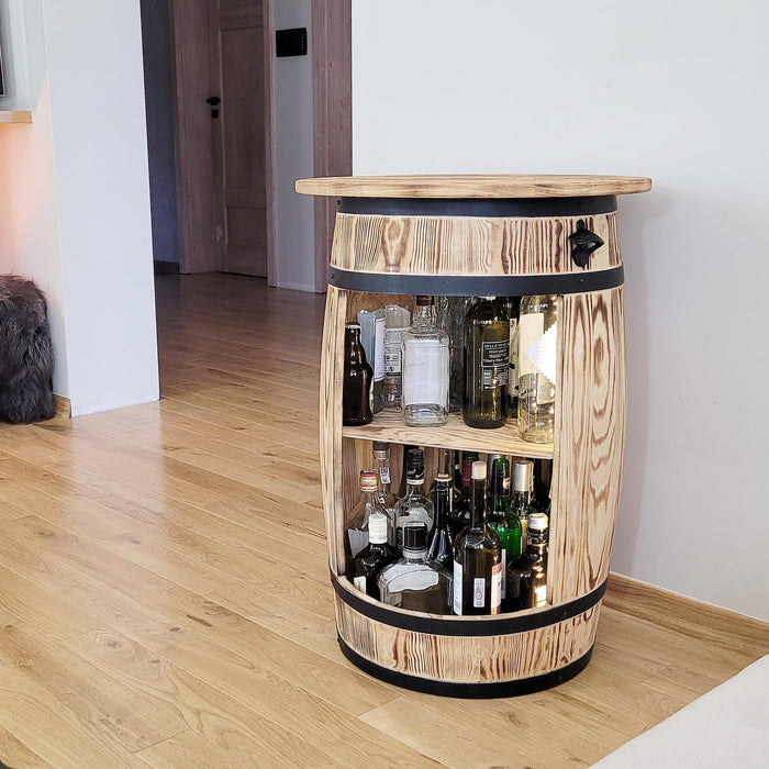 weeco Wooden Barrel Home Bar with Table Top and LED Lights - Wine Bar Table - Table Bar - Alcohol Cabinet - Living Room Decoration Table - Wine Cabinet Man and Woman 80 x 50 cm