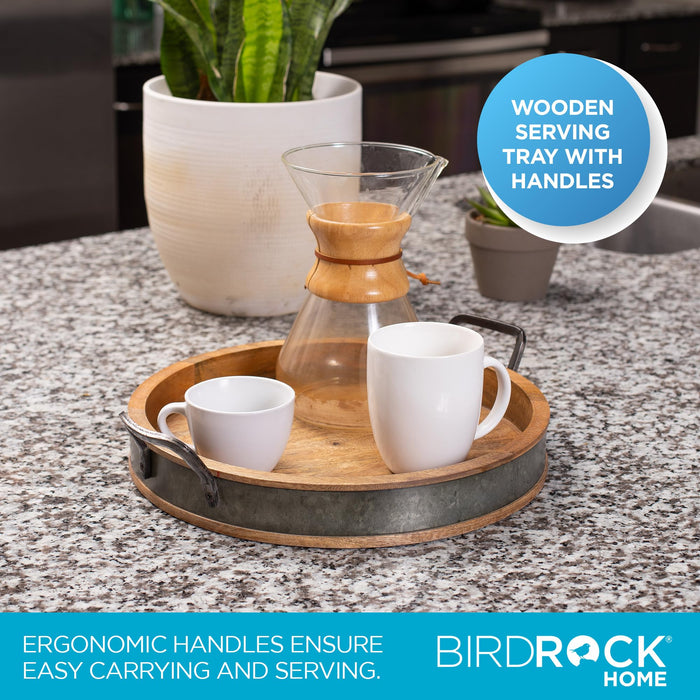 BIRDROCK HOME Round Wood Serving Tray with Handles and Iron Accents, 16”