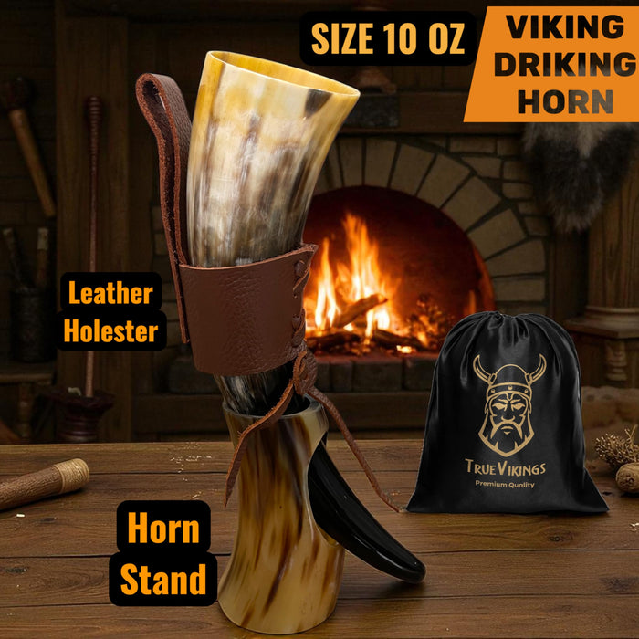 Drinking Horn — 10-12 Inch Viking Gifts for Men & Women | With Thor Bottle Opener & Stand | Handmade & Real Ox Horns | Norse Viking Cup Perfect For Beer, Ale, Mead (12 Oz) (Shine Polished Pack of 2)