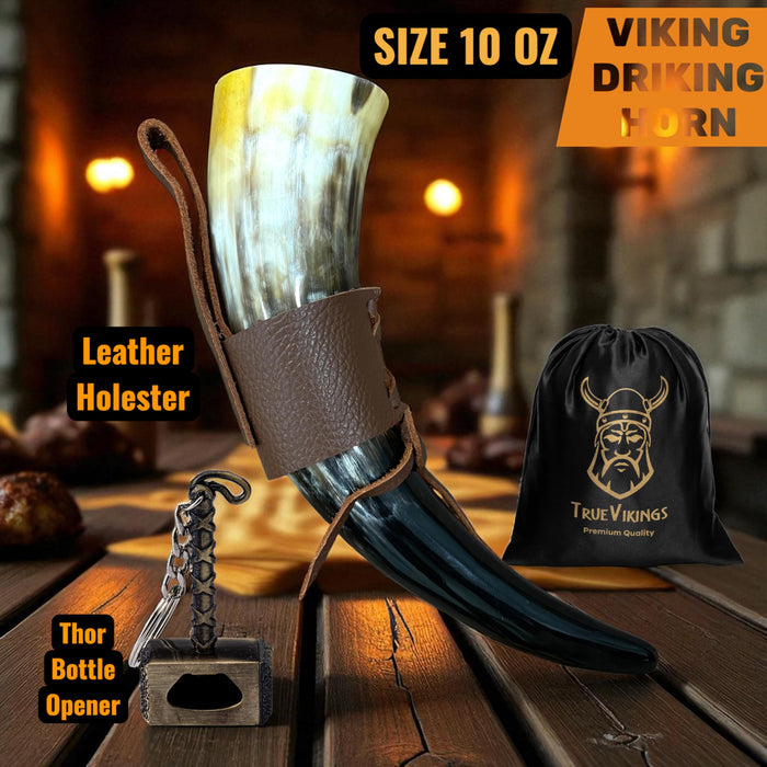 Drinking Horn — 10-12 Inch Viking Gifts for Men & Women | With Thor Bottle Opener & Stand | Handmade & Real Ox Horns | Norse Viking Cup Perfect For Beer, Ale, Mead (12 Oz) (Shine Polished Pack of 2)