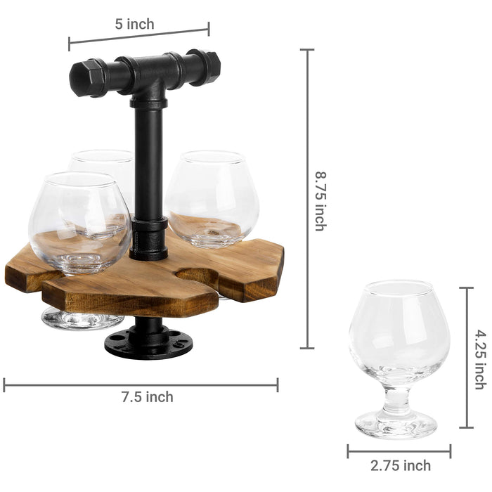 【Industrial Rustic Beer & Whiskey Flight Set】 Burnt Wood Tray with Matte Black Metal Handle & 4 Snifter Glasses - Portable Tasting Serving Caddy for Home Bars, Tasting Events, Craft Beer Enthusiasts