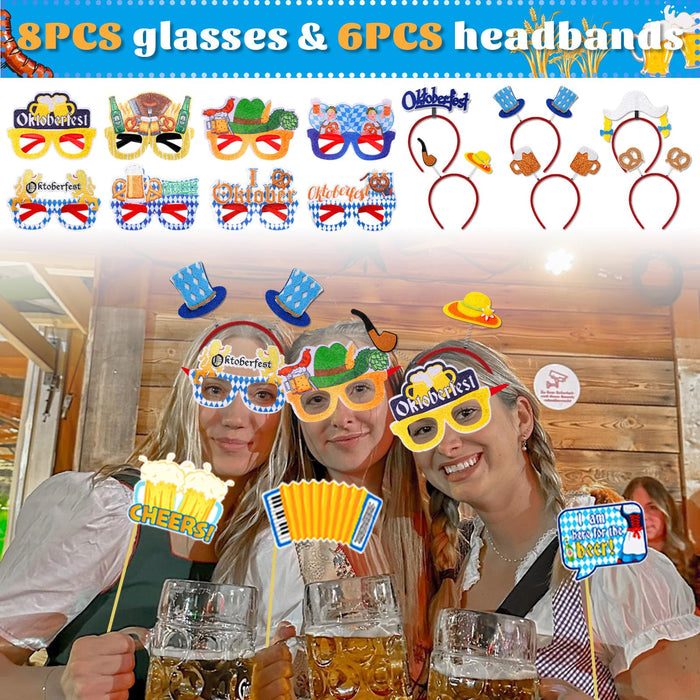 52 Pcs Oktoberfest Decorations Oktoberfest Photo Booth Props Set for Adults Unisex Felt German Bavarian Hats Glasses Hair Bands for Photo Booth Birthday Party