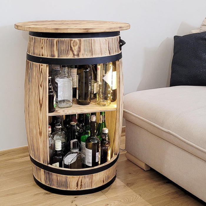 weeco Wooden Barrel Home Bar with Table Top and LED Lights - Wine Bar Table - Table Bar - Alcohol Cabinet - Living Room Decoration Table - Wine Cabinet Man and Woman 80 x 50 cm