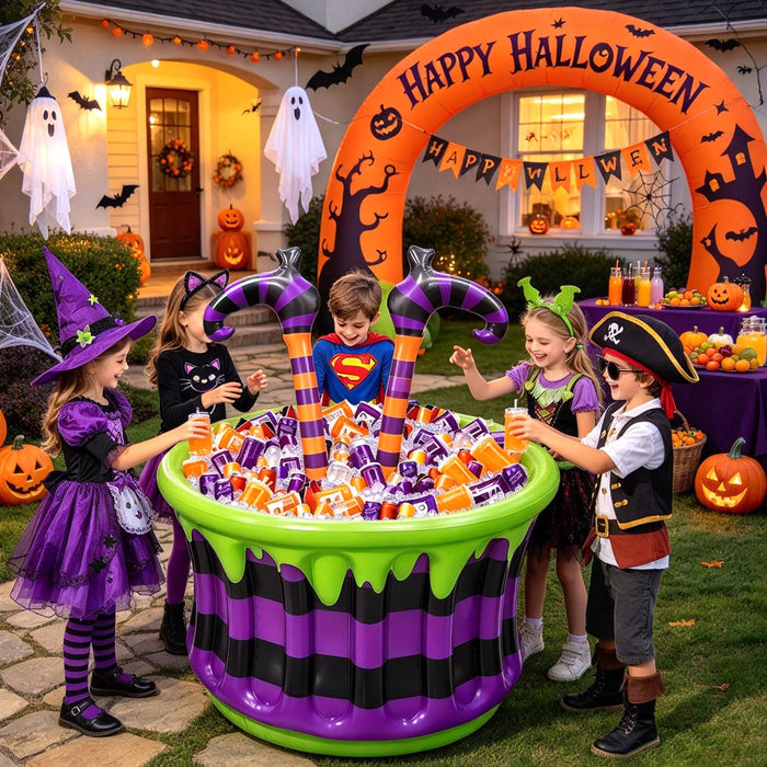 Large Halloween Inflatable Witch Cauldron Cooler Halloween Party Decoration,200+ Cans Super Capacity Drink Cooler 2-in-1 Inflatable Halloween Decorations& Bar for Indoor Outdoor Garden Lawn Yard