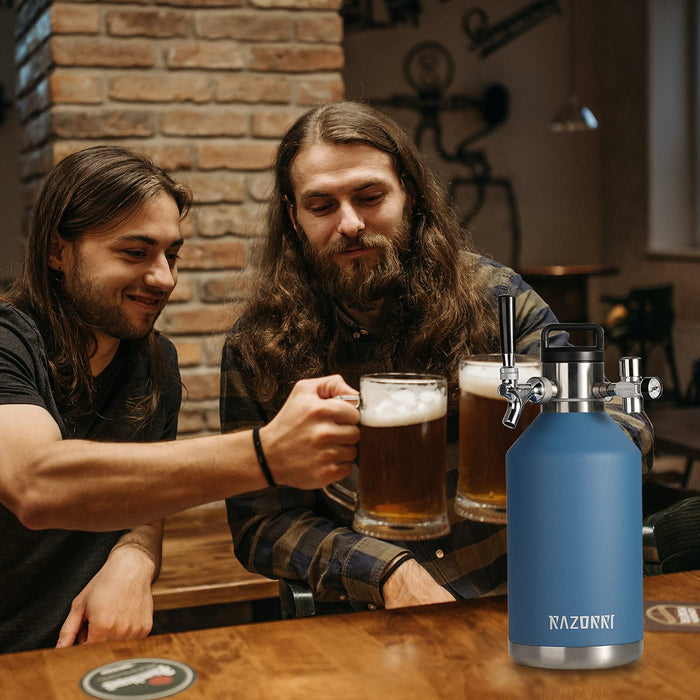 Razorri 128oz Stainless Steel Beer Growler, Double-Wall Vacuum Insulated Carbonated Keg with Professional Bar Tap and Pressurized CO2 Regulator, 1 Gallon, Ocean Blue