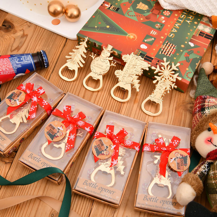 24Pcs 4 in 1 Christmas Beer Bottle Opener Set, Xmas Tree Snowman Snowflask Train Bottle Openers with Gift Box, for Winter Theme Party Decoration Gift Festive, Souvenirs Favors for Guests