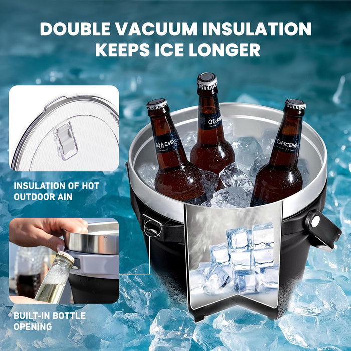 COKTIK 7L Insulated Ice Bucket with Lid，Double Wall Vacuum Stainless Steel Beverage Bucket Keeps Frozen Longer，Holds 6 Longnecks or 3 Bottles of Wine，for Cocktail, Champagne(No Accessories, Black)