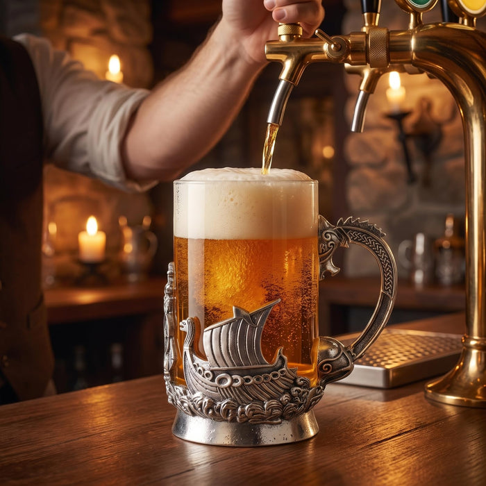 Viking & Mythological Pewter Beer & Water Drinking Glass - 18oz SINGLE - Pint, Whiskey, Rum & Scotch Glass, Elegant, Medieval Crystal Cup, Mug, Goblet, Gifts for Men & Women, Old Fashioned Glass