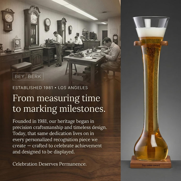 Bey-Berk Personalized Quarter Yard of Ale Glass with Wooden Stand, 12 oz Long Beer Glass and Engravable Solid Wood Base