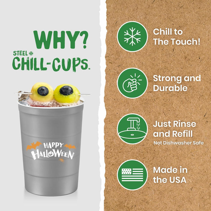 Steel Chill Cups 16 oz. Reusable Party Cups, Happy Halloween, 12 Count