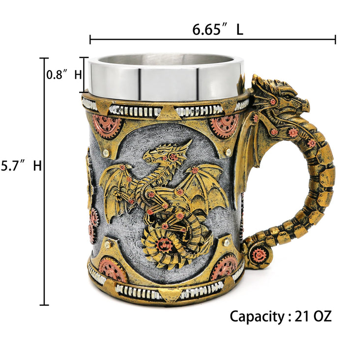 alikiki Medieval Steampunk Dragon Mug - Large Coffee Mug Mechanical Dragon D&D Gift for Men Father's Day Gifts - 21OZ Stainless Steel Party Gaming Mugs Beer Tankard