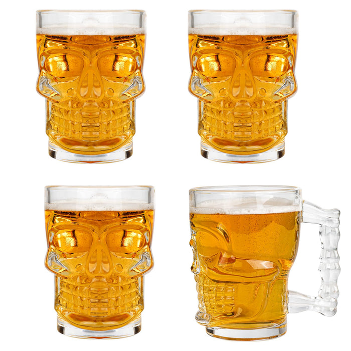 Beer Mugs Set of 4 - Skull Glasses with Handle - 17 OZ Heavy Base Drinking Tiki Glasses - Clear Beer Stein Cup for Whiskey, Wine, Juice, Home Bar, Halloween Decorations Gifts