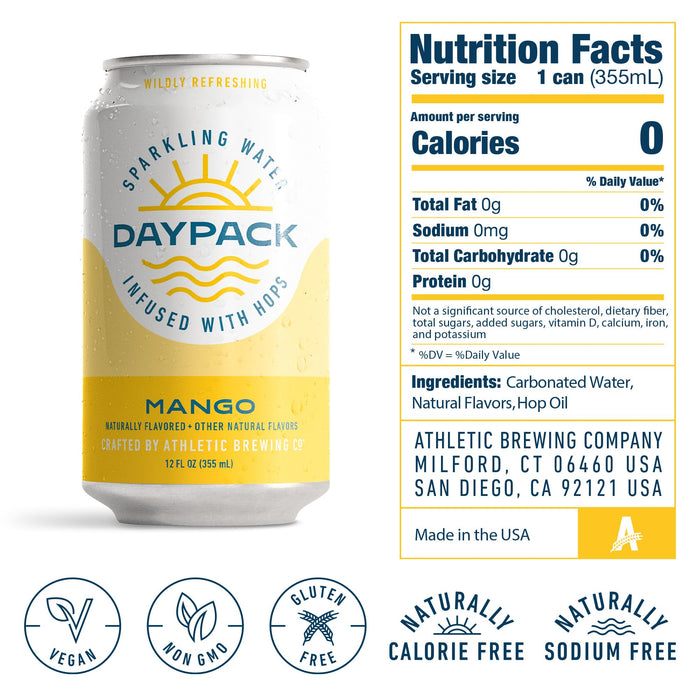 Athletic Brewing Company Daypack Sparkling Water Infused With Hops, Gluten Free & Vegan Soda Water, Zero Calorie, Natural Flavors, Mango, 24 Pack, 12 FL Oz Cans