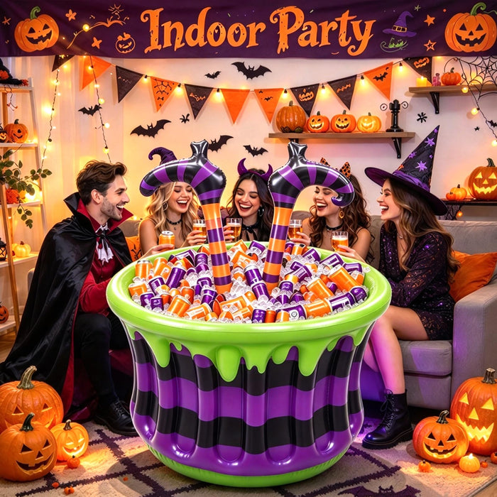 Large Halloween Inflatable Witch Cauldron Cooler Halloween Party Decoration,200+ Cans Super Capacity Drink Cooler 2-in-1 Inflatable Halloween Decorations& Bar for Indoor Outdoor Garden Lawn Yard