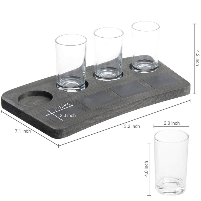 MyGift 5 Piece Set Vintage Grey Wood Beer Flight Tasting Glasses (6 oz) and Server Board Tray with Chalkboard Labels