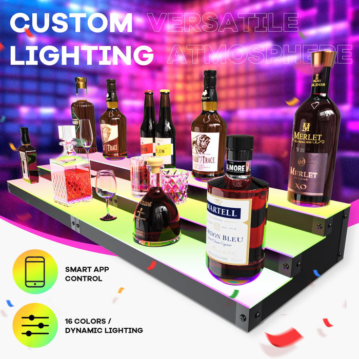 2 Pack LED Lighted Liquor Bottle Display Shelf, Wood Bar Wall Mount, 15.7 Inch, 2 Pack, with RF Remote & App Control (2)