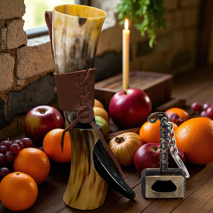 Drinking Horn — 10-12 Inch Viking Gifts for Men & Women | With Thor Bottle Opener & Stand | Handmade & Real Ox Horns | Norse Viking Cup Perfect For Beer, Ale, Mead (12 Oz) (Shine Polished Pack of 2)