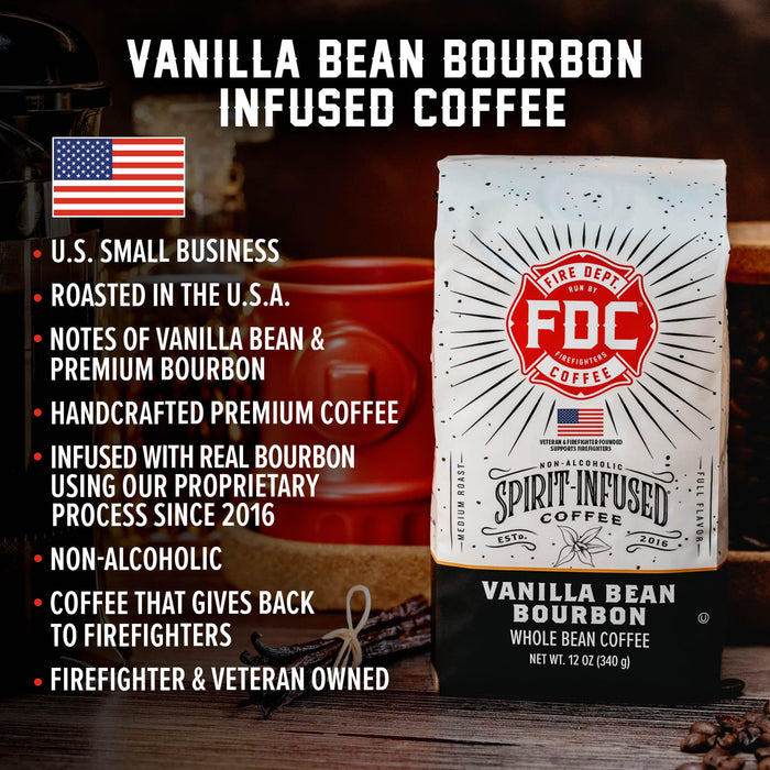 Fire Department Coffee - Vanilla Bourbon Coffee - Gives Back to Firefighters - Vanilla Bean Bourbon Infused Whole Bean - Non-Alcoholic - Roasted in the USA - Veteran Owned - 12 oz