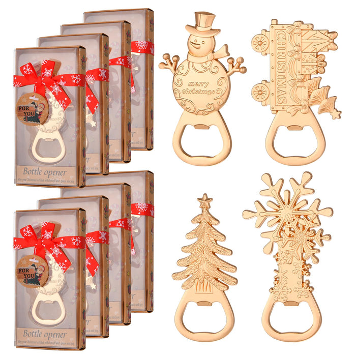 24Pcs 4 in 1 Christmas Beer Bottle Opener Set, Xmas Tree Snowman Snowflask Train Bottle Openers with Gift Box, for Winter Theme Party Decoration Gift Festive, Souvenirs Favors for Guests