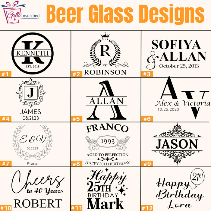 Gifts Inscribed Personalized Pilsner Beer Glass 16 oz – Engraved Tall Pint Glass Custom Designs – Unique Beer Gift for Men, Dad, Groomsmen, Weddings, Birthdays, Father’s Day