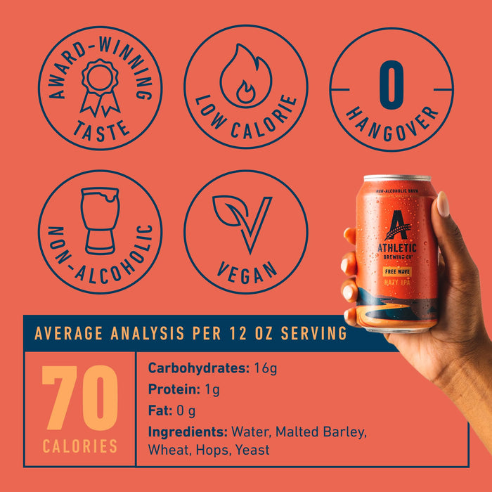 Athletic Brewing Company Craft Non Alcoholic Beer, Low Calorie Hazy IPA, Pair With Salad, Pizza, & Desserts, Vegan Hops Blend With Floral & Citrus Notes, Free Wave, 12 Pack, 12 FL Oz Cans