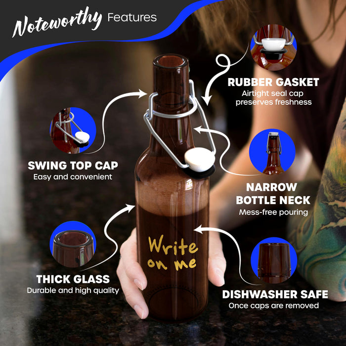 Nevlers Amber Swing Top Glass Bottles 16oz 12 Pack | Empty Beer Bottles for Home Brewing , Fermentation or General Storage | Resealable Flip Top Glass Bottle Set | Durable Kombucha Bottle Bottling Kit