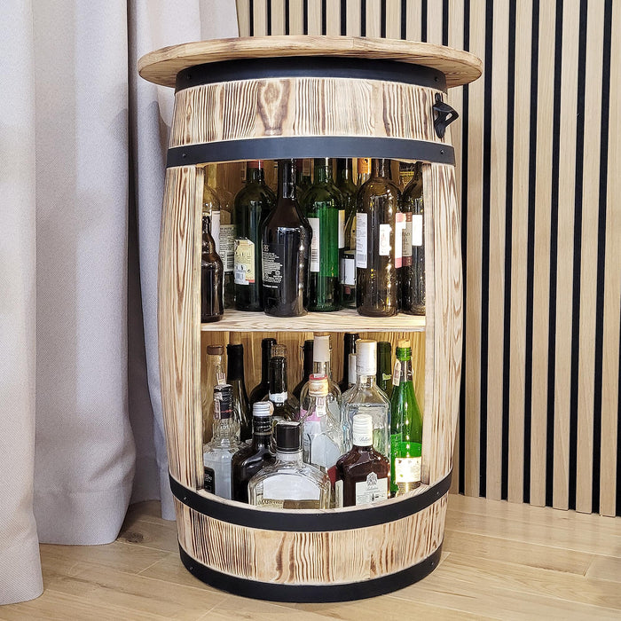 weeco Wooden Barrel Home Bar with Table Top and LED Lights - Wine Bar Table - Table Bar - Alcohol Cabinet - Living Room Decoration Table - Wine Cabinet Man and Woman 80 x 50 cm