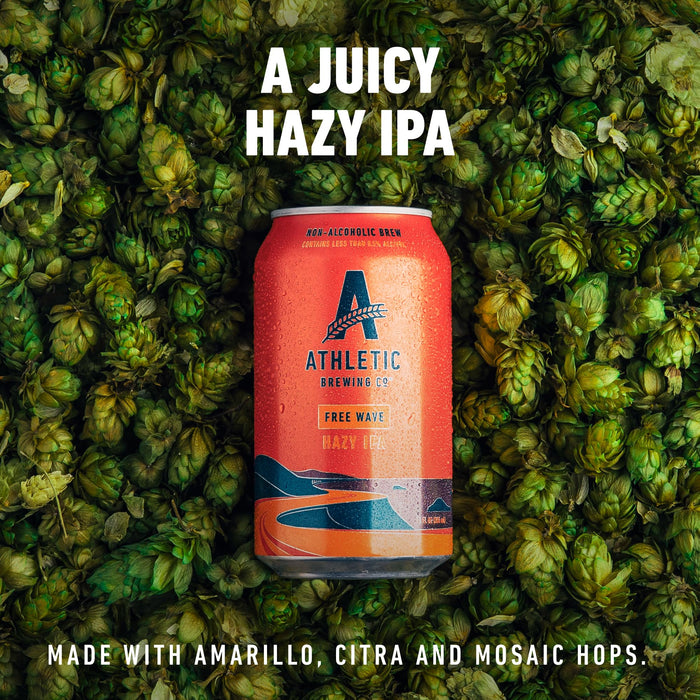 Athletic Brewing Company Craft Non Alcoholic Beer, Low Calorie Hazy IPA, Pair With Salad, Pizza, & Desserts, Vegan Hops Blend With Floral & Citrus Notes, Free Wave, 12 Pack, 12 FL Oz Cans