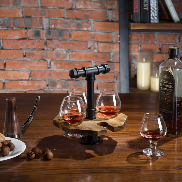 【Industrial Rustic Beer & Whiskey Flight Set】 Burnt Wood Tray with Matte Black Metal Handle & 4 Snifter Glasses - Portable Tasting Serving Caddy for Home Bars, Tasting Events, Craft Beer Enthusiasts