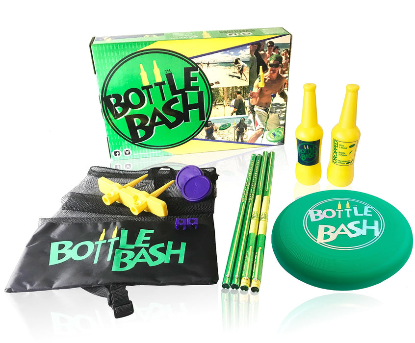 Bottle Bash Outdoor Flying Disc Game Set – Disc Toss Game for Family, Adult & Kids, Backyard and Beach Game - Frisbee Target Lawn Game with Poles & Bottles (Beersbee & Polish Horseshoes)
