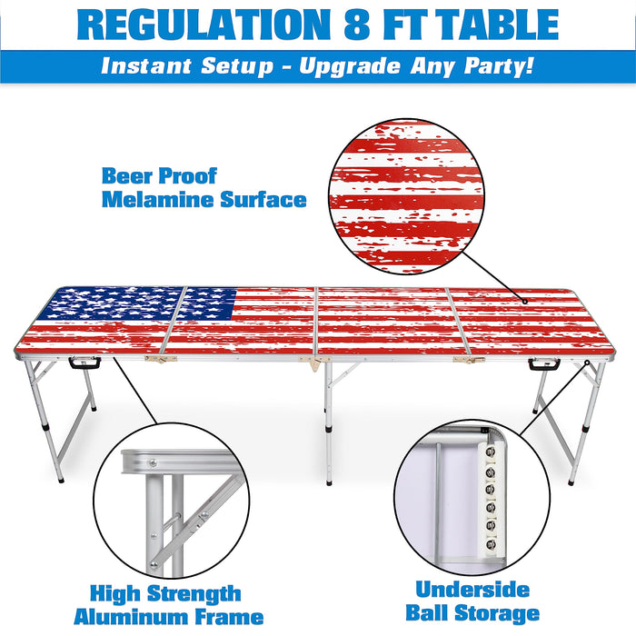 GoPong 8 Foot Portable Beer Pong / Tailgate Tables (Black, Football, American Flag, or Custom Dry Erase)