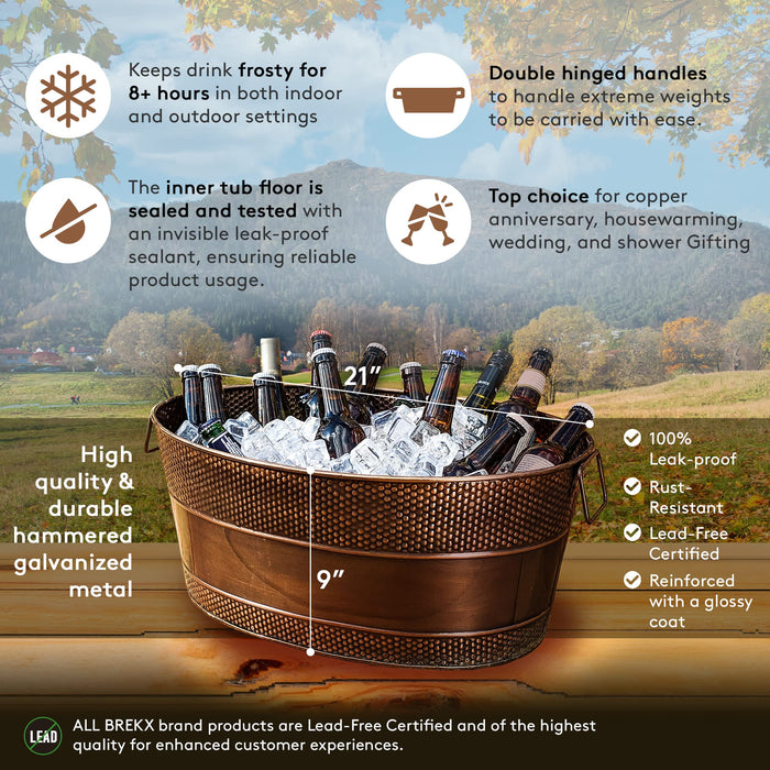 BREKX Heavy-Duty Copper Finish Beverage Tub with Stand for Parties, Large