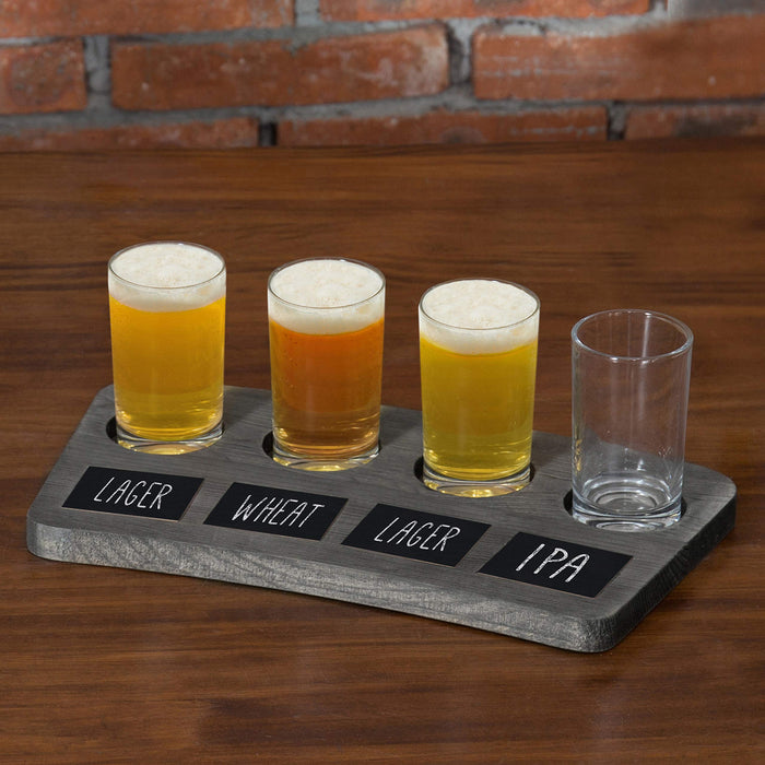 MyGift 5 Piece Set Vintage Grey Wood Beer Flight Tasting Glasses (6 oz) and Server Board Tray with Chalkboard Labels