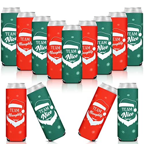 12 Pcs 12 oz Christmas Beer Can Coolers Sleeves Team Naughty Nice Beer Sleeves Neoprene Slim Beer Can Cooler Red Green Neoprene Drink Holders for Canned Beverages Bottle Drink Party - The Beer Connoisseur® Store