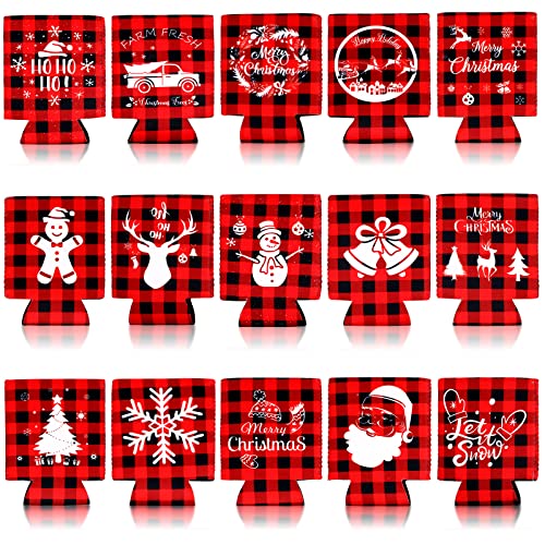 15 Pieces Christmas Beer Can Coolers Sleeves, Red Black Plaid Xmas Holiday Beverages Can Neoprene Coolers Insulated Covers for Winter Christmas Party Decorations Supplies - The Beer Connoisseur® Store
