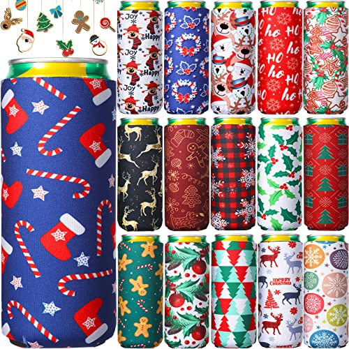 16 Pieces Christmas Beer Can Sleeves Cooling Insulated Beer Cup Sleeves Santa Claus Elk Snowman Stocking Can Cooler Sleeves Reusable Drink Sleeves Christmas Slim Can Cover for Christmas Tools Supplies - The Beer Connoisseur® Store