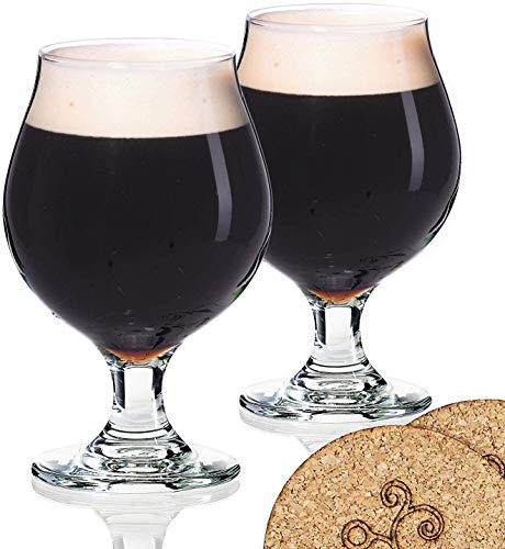2 Beer Glasses Belgian Style Stemmed Tulip - 16 oz Lambic Ale Dark Beer Glass - set of 2 w/coasters - Classic Premium Glassware - Birthday Housewarming Bachelor party gift for men idea - The Beer Connoisseur® Store