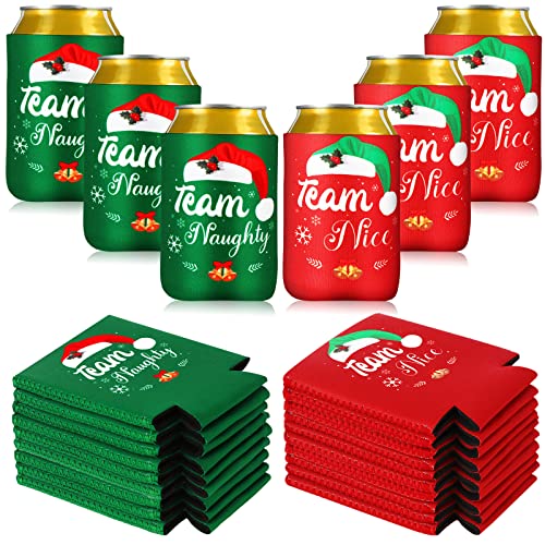 24 Pcs Christmas Beer Can Coolers Sleeves Xmas Neoprene Drink Holders Team Naughty Team Nice Can Sleeves Holiday Can Insulated Covers for Canned Beverages Bottle Drink Party Decors (Red and Green) - The Beer Connoisseur® Store