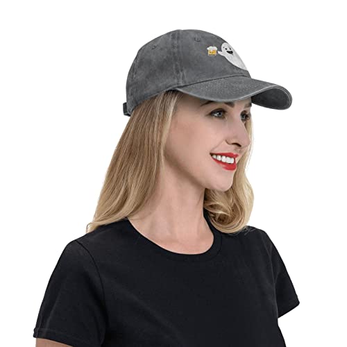 Funny Ghost with Beer Halloween Unisex Vintage Washed Distressed Denim Baseball Cap Adjustable Cotton Baseball Hat for Men Women