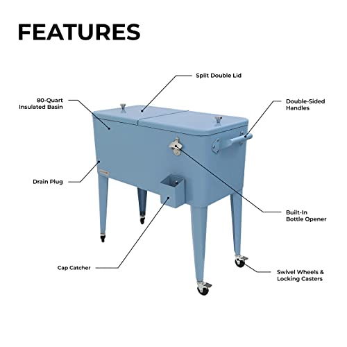 Permasteel 80-Qt Classic Outdoor Patio Cooler for Outside Outdoor Beverage Cooler Bar Cart, Rolling Cooler with Wheels & Handles, Retro Design, Blue