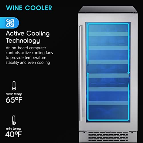 Zephyr Presrv 15" Wine Fridge Single Zone Under Counter - Countertop Mini Wine Cooler Cellars Small Cabinet Wine Refrigerator Home Bar Chiller Freestanding with French Glass Door - 27 Bottles 750ml