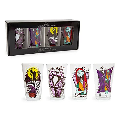 Disney The Nightmare Before Christmas Jack & Sally 16-Ounce Pint Glasses, Set of 4 | Traditional Beer Mug Glassware For Liquor, Beverages, Pub Drinks | Home Barware Decor, Kitchen Essentials