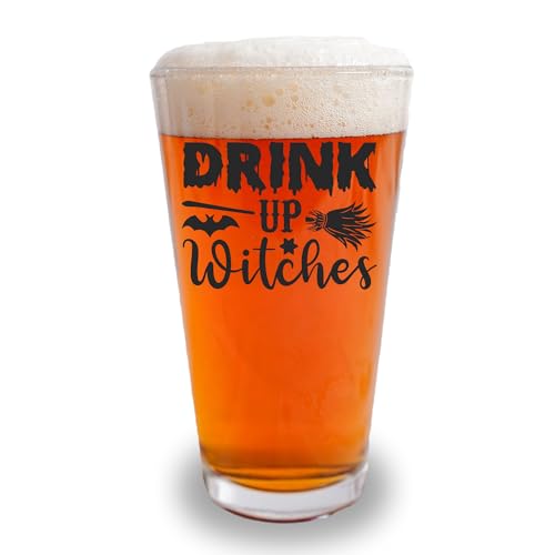 16oz hilarious halloween pint glass, halloween beer glass, halloween decorations indoor, cute halloween decor, fall centerpieces, spooky autumn glassware, screen printed black (Drink Up Witches)