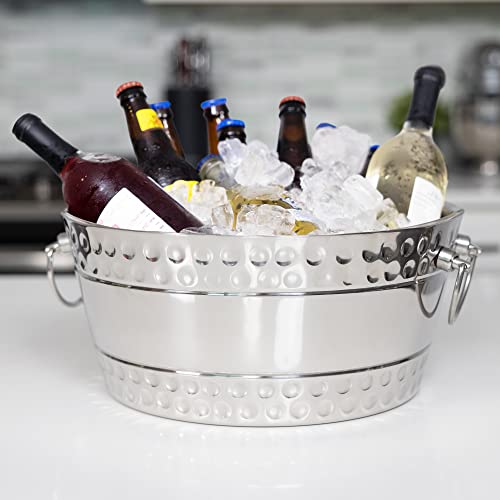 BREKX Hammered Stainless-Steel Beverage Tub, Double-Walled Insulated Anchored Bolt Drink Tub & Ice Bucket with Double-Hinged Handles, Drink Chiller for Parties/Wedding Gifts