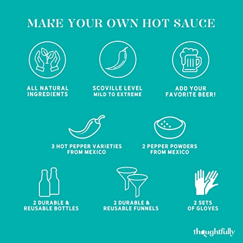 Thoughtfully Gourmet, Make Your Own Beer Infused Hot Sauce DIY Gift Set, Includes 3 Glass Bottles, Recipe Book, Gloves, 2 Funnels, Peppers, Spices and Seasonings (Contains NO Alcohol)
