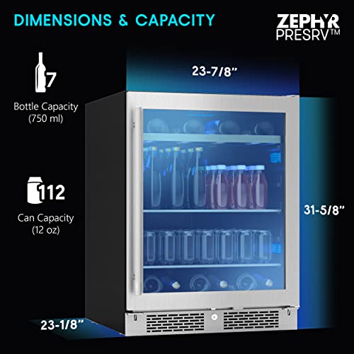 Zephyr 24" Wine Fridge & Beverage Refrigerator Single Zone Under Counter - Mini Wine Cooler Cellars Small Beer Fridge Cabinet Drink Chiller Freestanding with French Glass Door - 7 bottles, 112 cans