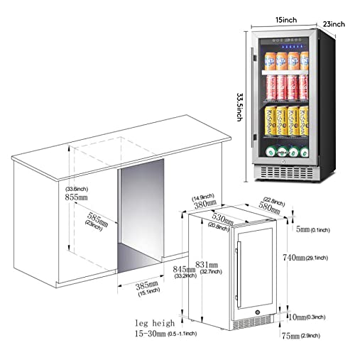 BODEGA Beverage Refrigerator 15 Inch, Under Counter Beverage Refrigerator, Built-in and Freestanding Beverage Cooler 100 Cans, Stainless Steel Under Counter Beer Fridge Perfect for Beer, Soda, Water